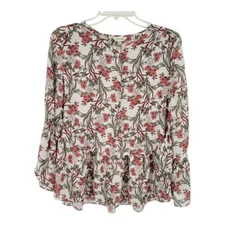 Max Studio Women's Floral Blouse XS White Pink Green Ruffle Hem Long Sleeve