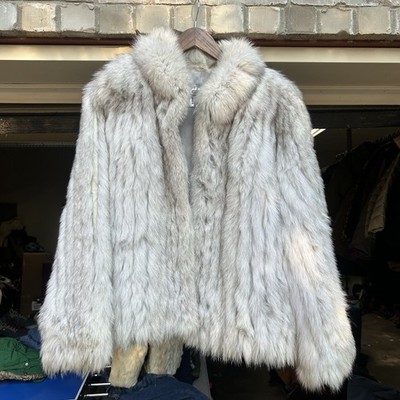 SAGA FOX Women's Size L Blue Fox Fur Coat Middle Length Real Fur White Japan