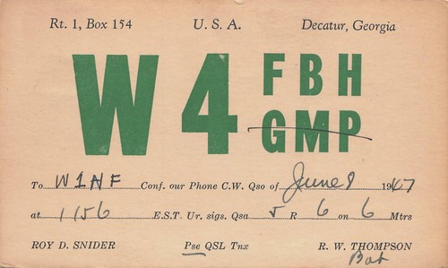 1947 QSL: W4FBH - R.W. Thompson - Rt 1 scatola 154 - Decatur, Georgia - Foto 1 di 2