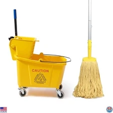 35 Quart Yellow Commercial Mop Bucket with Side-Press Wringer & Mop Included