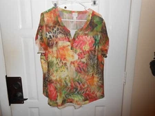 Chicos Size 2 Orange Multi Color Short Sleeve Top Shirt