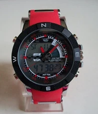 MEN'S 2 TIME,DAY & DATE, ALARM SILVER & RED SILICONE BAND FASHION  SPORTS WATCH