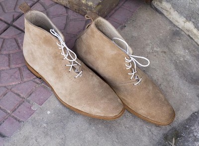 Handmade Men's Beige Suede Lace Up Boots, Men Casual Fashion Ankle High Boots