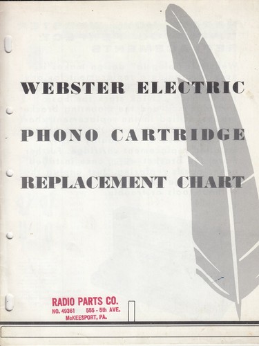 RARE WEBSTER ELECTRIC PHONO CARTRIDGE REPLACEMENT CHART - PHONOGRAPH