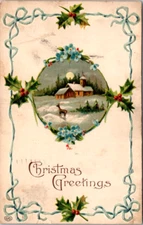 Vintage Postcard Christmas Greetings Snowy Cabin Holly Flint MI