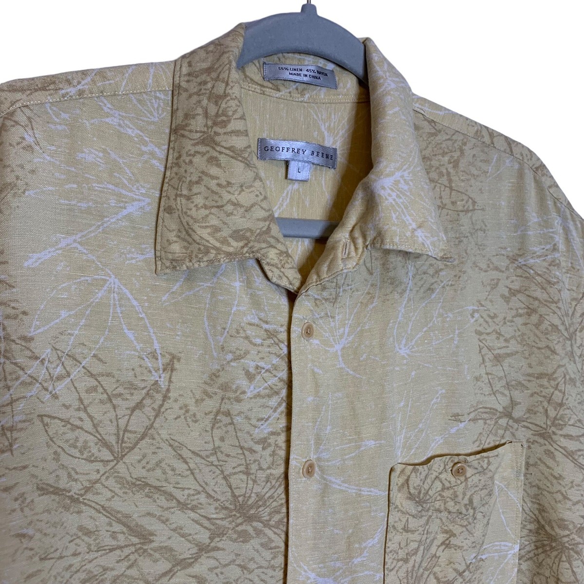 トップス 90s GEOFFREY BEENE linen/cotton shirt Geoffrey Beene Shirt Mens Large Pale Yellow Linen Blend Leaf