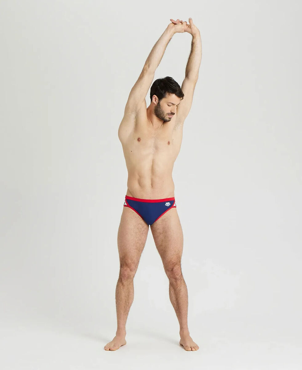 Arena men navy blue red trim Icon swim brief swimwear size