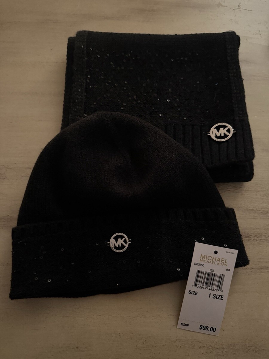 Michael Kors Black Hat And Scarf Set