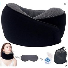 BNWT - BLACK COMPACT NECK TRAVEL PILLOW WITH CASE, SATIN EYE MASK AND EAR PLUGS