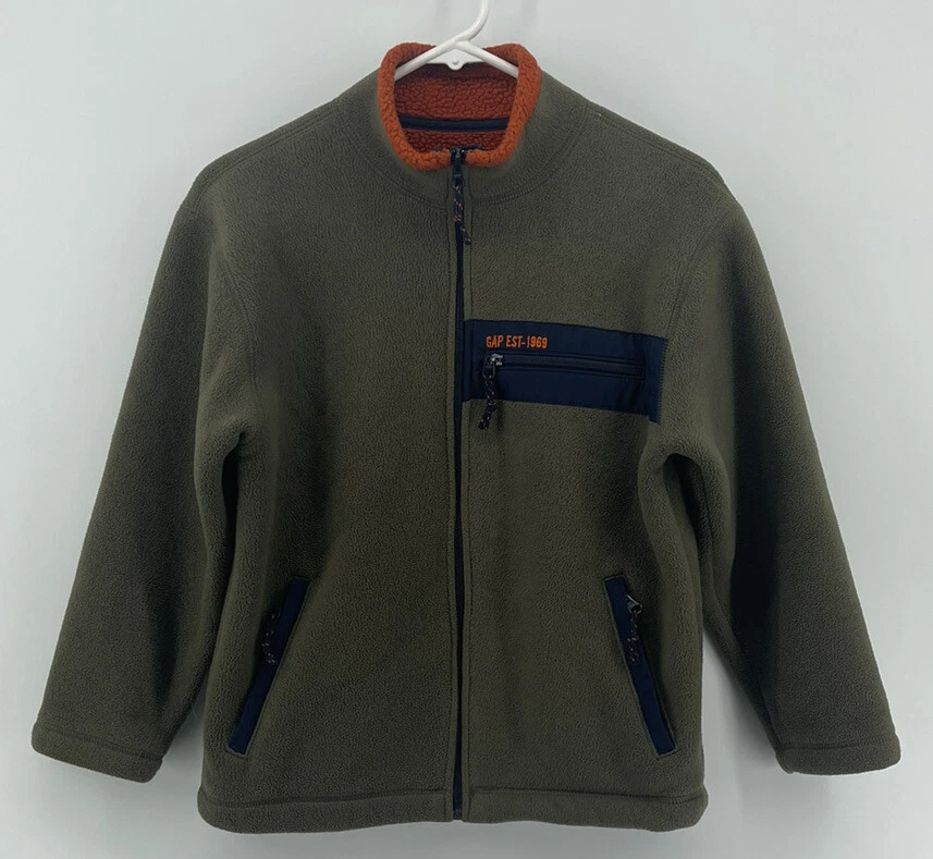 GAP Kids Boys Full Zip Fleece Sweatshirt Jacket Size Large 10 Olive Green Orange - Image 2 of 4