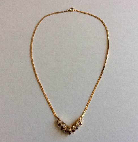 Vintage Red And Clear Crystal Rhinestone Herringbone Chain Necklace Gold Tone - 第 3/7 張圖片