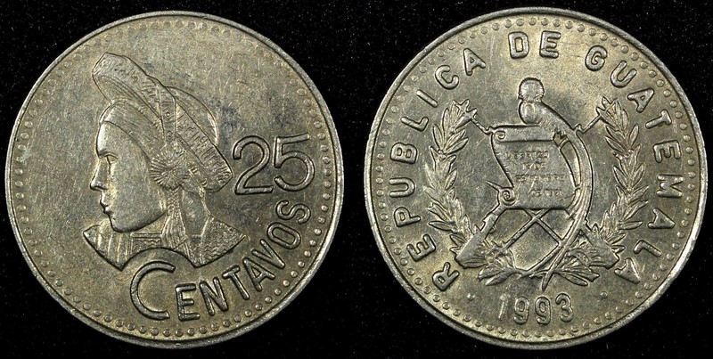 Guatemala Copper-Nickel 1993 25 Centavos XF KM# 278.5  (24 660)