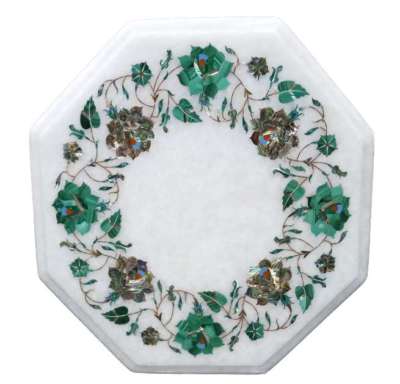 12'' Octagon White Marble Coffee Table Top Semi Precious Stone Floral Art