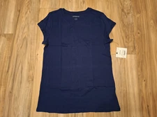 Womens Liz Claiborne Short Sleeve Crew Neck Tee Top Navy Blue 100% Cotton Large