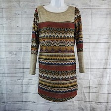 Sarin Mathews Womens Knit Dress Sz Small Maroon Tan Stripes Long Sleeve Rayon