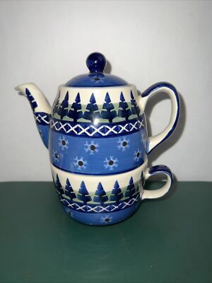 Wiza Boleslawiec EUC Tea For One,Ivory W/Blue & Green Design Hand Made in Poland