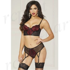 New sexy Women lingerie two piece bra set garter panty black S M L XL 10831