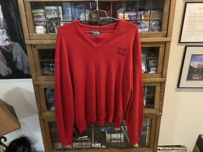 VTG 90 s NIU Huskies Red McBriar V-Neck Knit Sweater w SCRIPT SPELL OUT - Cool