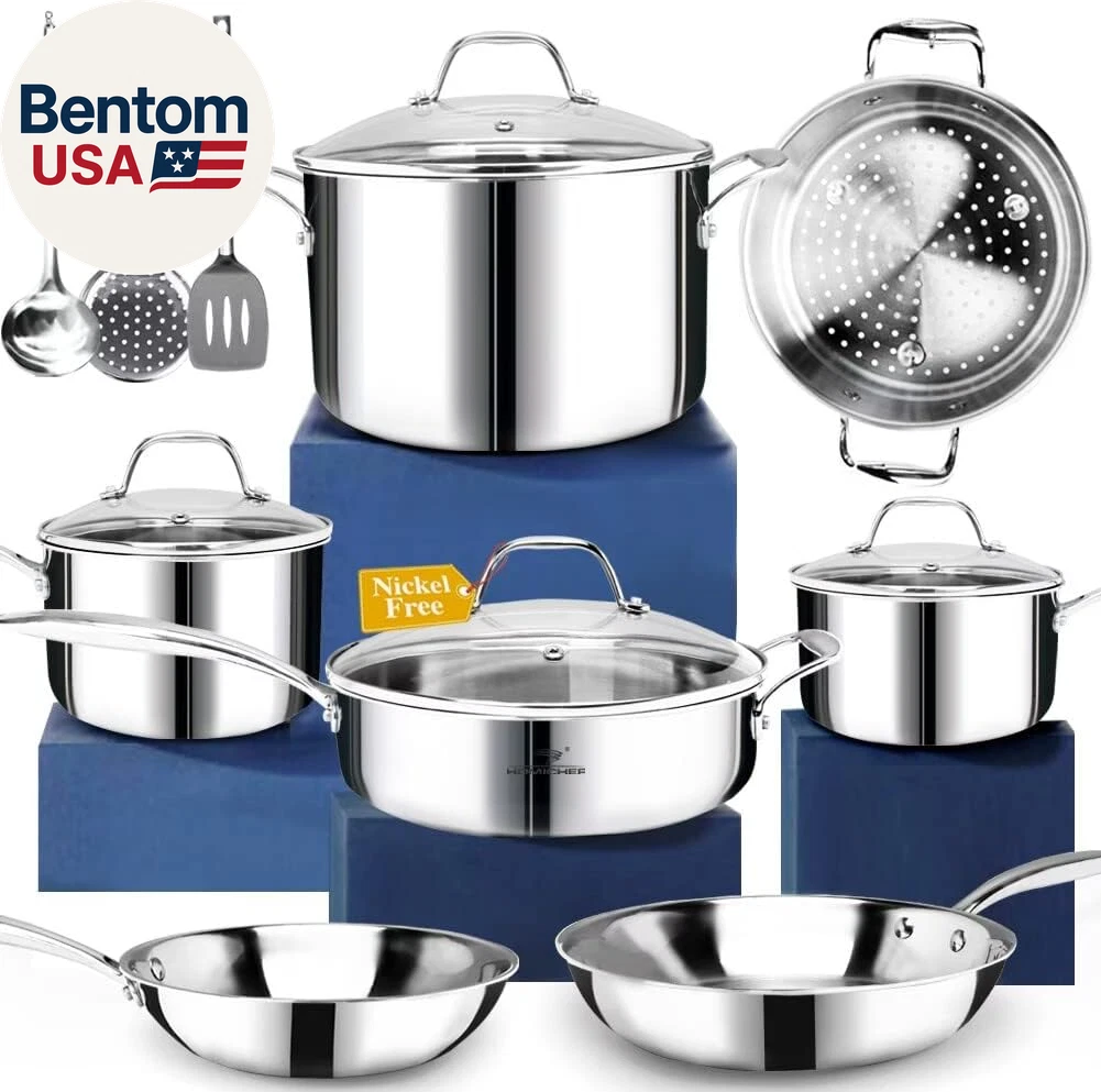 14-Piece Nickel Free Stainless Steel Cookware Set Whole-Clad 3-Ply - Mirror Poli