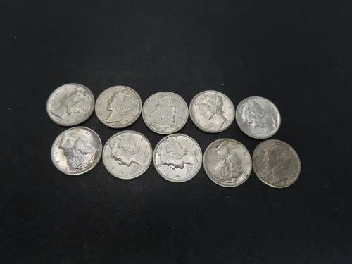 Lot of 10 Mercury Dimes, $1 Face 90%, Gem BU