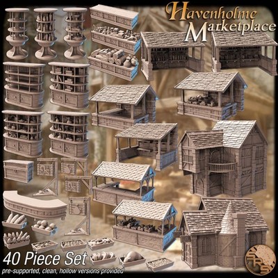 Village Market Terrain Set - 3D Printed Fantasy RPG Scenery for 28-32mm Games