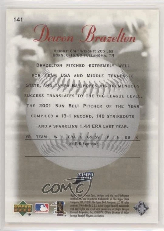 2001 Upper Deck Sweet Spot Beginnings /1500 Dewon Brazelton #141 Rookie RC - Image 2 of 2