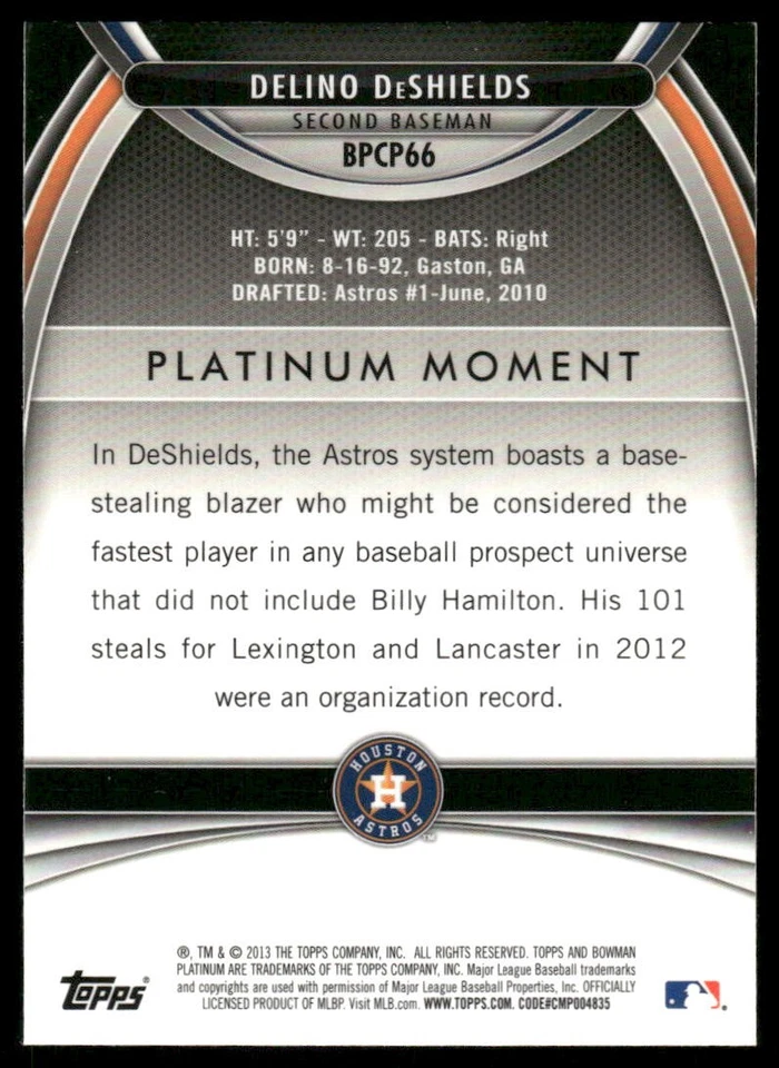 2013 Bowman Platinum #BPP66 Delino DeShields Prospects - Image 2 of 2