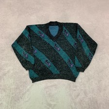 Vintage Knitted Jumper abstract patterned v-neck grandad knit sweater Men's L