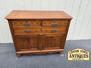 67625 Victorian Oak Buffet Server with Carved Details and Brass Hardware