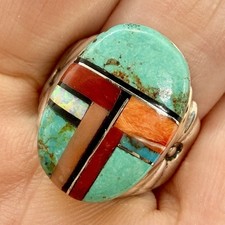 Navajo Inlay Multi Stone Turquoise Men's Ring  Sz 7 Sterling  M Lincoln 9.2g