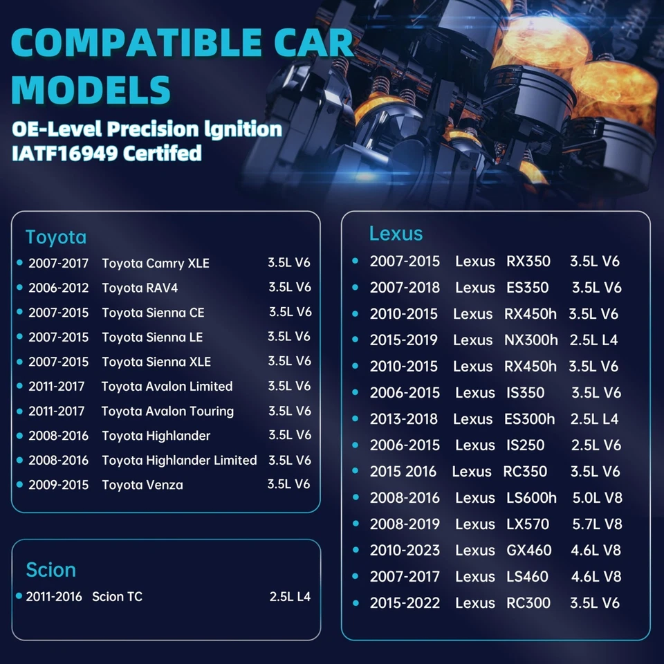 6PCS UF487 Ignition Coil Compatible with 3.5L V6 2005-2018 Toyota Sienna Avalon - Изображение 2 из 4