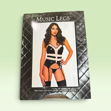 Music Legs Wet Look Two Tone Garter Cami Set Black/Nude Size S Style 20019