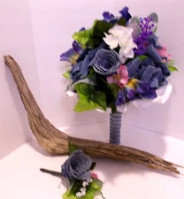 Bridal Bouquet Denim Roses w Spring Flowers & Denim Rose Corsage Country Wedding