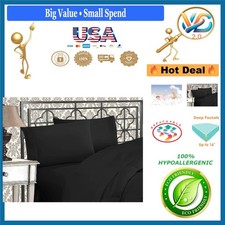 Luxury Microfiber California King Bed Sheet Set 4-Piece Black Embroidered