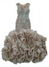 Ruffle Mermaid Gown Embellished Metallic Satin Train Dress Champagne Gold Mauve