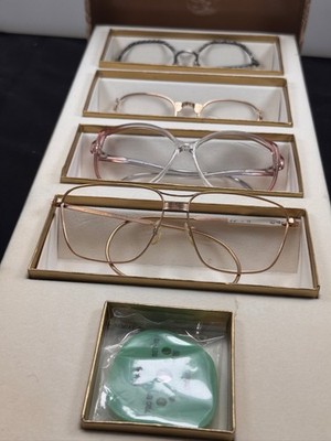vintage Optometrist Univis Thebes box eyewear 4 frames mid century gold silver