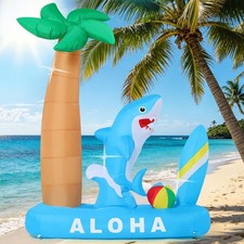 Large 7.4 FT Summer Inflatable Shark Pool Toy with Palm Tree Surfboard Beach