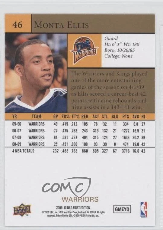 2009-10 Upper Deck First Edition Gold Monta Ellis #46 - Image 2 of 2