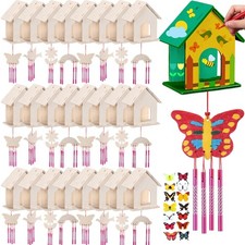 24 Sets DIY Birdhouse Wind Chime Kit Build and Paint Birdhouses Wooden Arts 2...