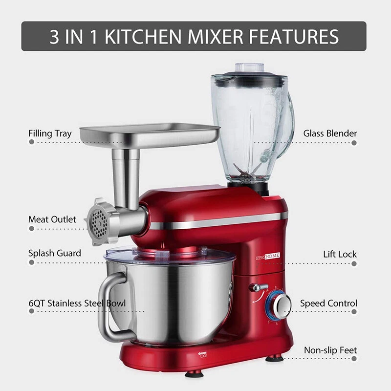 3 In 1 Stand Mixer 6QT 6-Speed Food Meat Grinder Juice Blender ETL Certified - Image 3 of 4