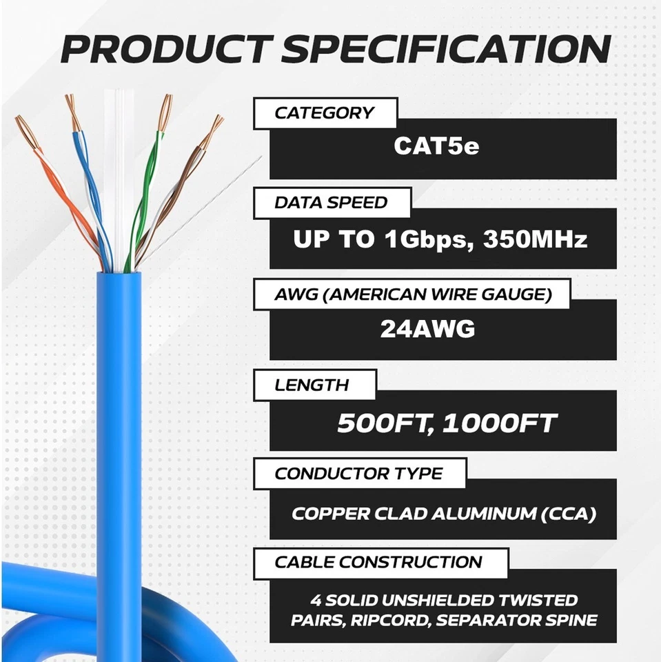 Cat5e/Cat6 1000ft Cable UTP Solid Ethernet Network LAN Wire Bulk 24/23 AWG LOT - Image 2 of 4