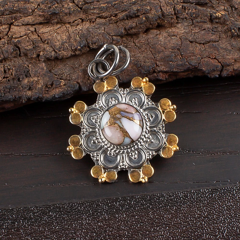 Delicado colgante de plata de ley 925 con piedras preciosas turquesa ópalo rosa joyería hecha a mano Foto 3 de 4