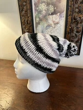 Black And White Beanie With Fluffy Pom.
