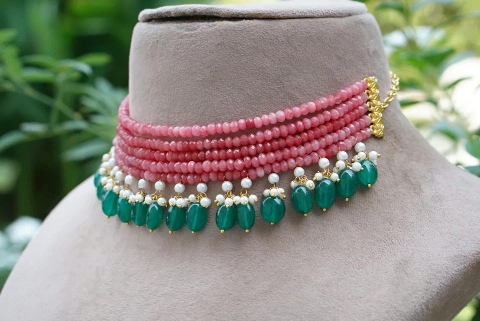 Handmade Pink & Green Onyx Beads Layering Choker Pearls Necklace Women's Jewelry - Imagem 3 de 4