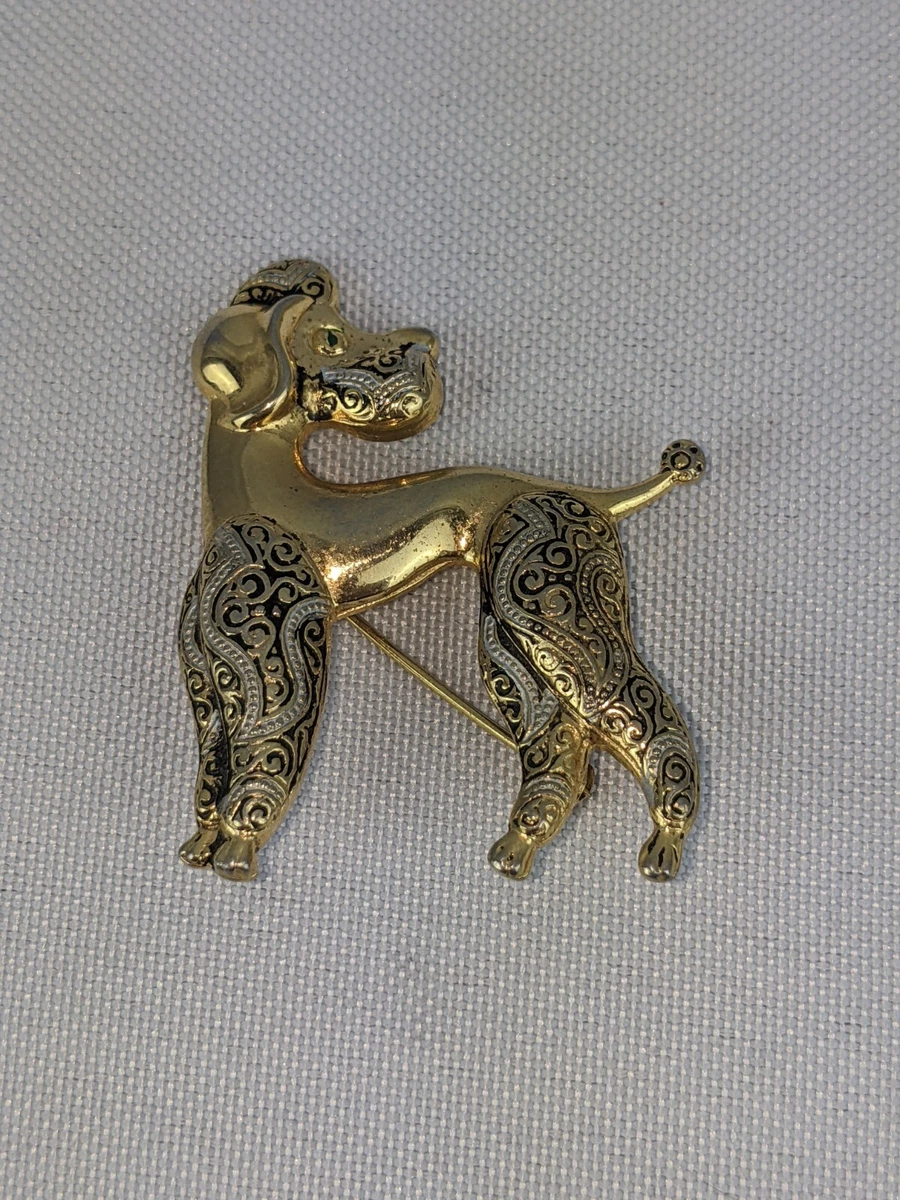 Beautiful Gold Plated DAMASCENE SPAIN Poodle Dog Pin Brooch Vintage