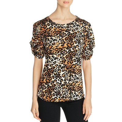 A+A Collection Women's Medium Heathered Gathered Blouse Top Leopard Print