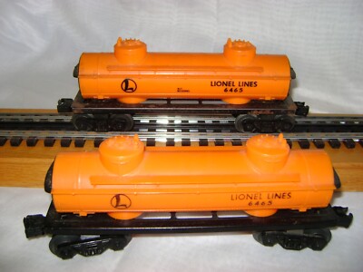 Two Lionel 6465 Lionel Lines Orange Tank Cars