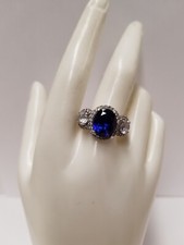 Halo Oval Cut Simulated Sapphire 2.5ct CZ Sterling Silver Statement Ring SZ 10