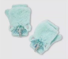 NWT Justice For Girls Aqua Blue Unicorn Flip Top 2 in 1 Knit Gloves Arm Warmer