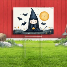Watercolor cute gnome halloween with robe and bat heads yard sign